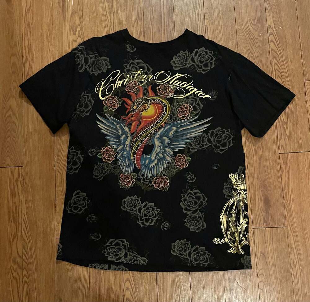 Christian Audigier Men's Black Graphic T-Shirt with Snake and Wings